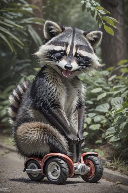 A raccoon giggles on a Segway