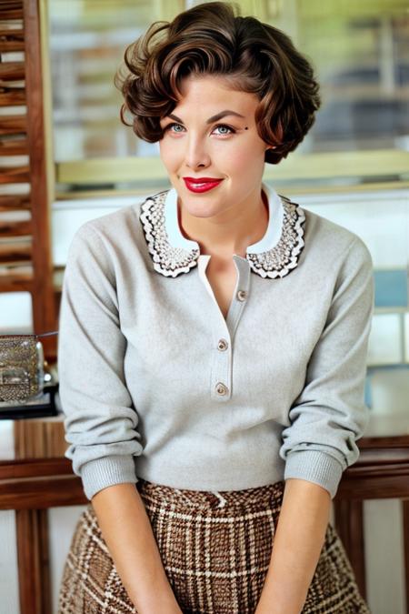 f3nn, woman, hyperealistic, 50s clothing, realistic skin, beautiful,(8k) (HDR), classic beauty, retro