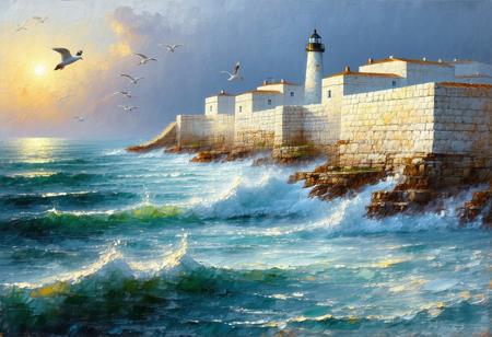 Landscape, painterly, harsh lighting, soft shadows, a brushwork landscape of a white limestone brick town with a tall lighthouse shining upon the waves as seagulls fly by and the morning sun slowly rises above the ocean, no humans,