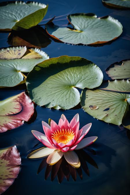 (masterpiece, best quality, highres, realistic), photo by Melissa Stemmer, red lotus water lily blooming on water surface and dark blue leaves toned, purity nature background, aquatic plant, symbol of buddhism., breathtaking photograph, <lora:melissa-stemmer-1.0:1>, cinematic look, minimalistic, blurred background, warm atmosphere, daylight, professional color grading, simple look, unedited photography, natural, unassuming, simple style, award-winning, stunning, kodachrome, vintage look, vibrant colors, <lora:add-detail-xl:2>
