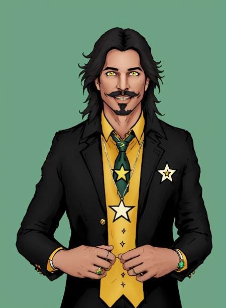 solo, long hair, looking at viewer, smile, simple background, shirt, black hair, 1boy, brown eyes, jewelry, jacket, yellow eyes, upper body, male focus, necktie, hand up, necklace, star (symbol), vest, black jacket, facial hair, ring, beard, green background, cropped torso, mustache, best illustration, masterpiece, official art,