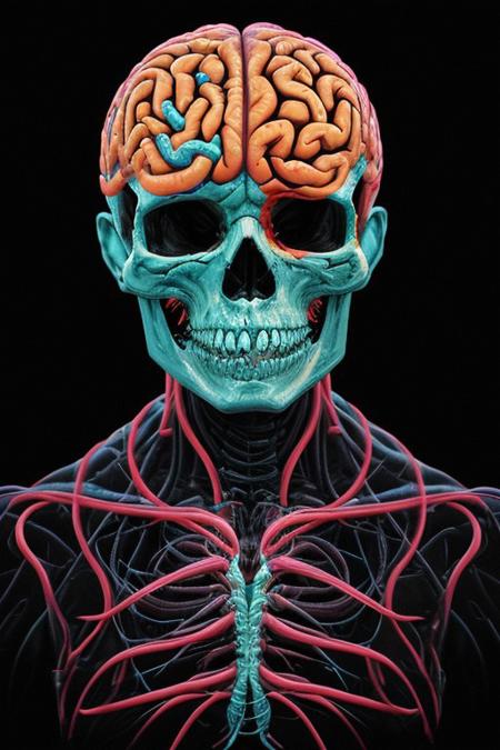 A man drowning inside his own mind. FRONT VIEW. Subliminal messaging, Horror, neon-colored brain scan aesthetic on black background. the figure of a skull is seen inside the brain scan. Psychedelic brain scan. Horror, Vibrant, glowing neural pathways Abstract, futuristic aesthetic. Style mimics bioluminescence art. Sharp contrast between vivid colors and deep black background. realistic rendering of brain lobe. Conveys sense of brain death, cognitive decline, and mental degradation. Sharp jagged teeth. Horror theme.