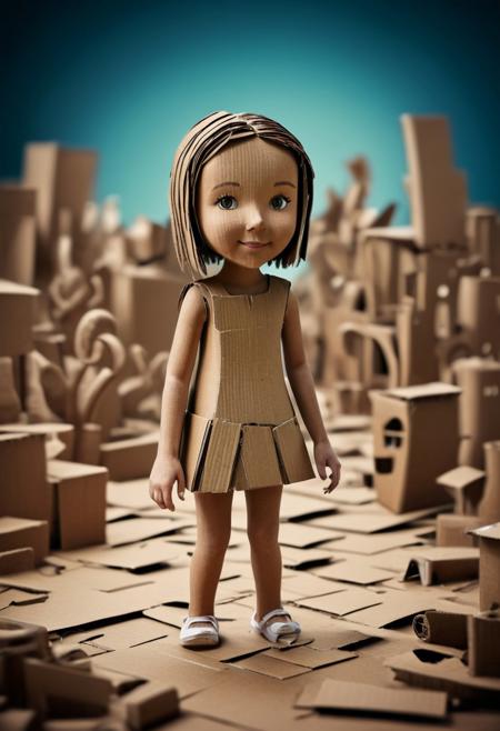 draw a photorealistic image of a cardboard CUTE GIRL . Totally cardboard world, surreal, fantasy. cardboard pieces, low poly, miniaturestyle. Tilt-Shift, bokeh focus. no painting, no text, conceptual art