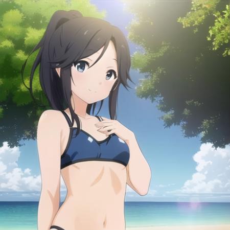 <lora:kasaki_nozomi_v4-000006:0.6>, high quality, masterpiece, beautiful, 1girl, (kasaki_nozomi), ((flat chest)), high ponytail, blue eyes,  black_hair, swimsuit,  beach, (standing), smile, looking_at_viewer