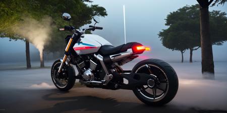 Sci-fi motorcycles,white and blue science fiction ground industrial police car in a lush jungle, science fiction, cinematic lighting, night time, volumetric light, imax, dslr, highly detailed, volumetric fog, dystopian vibes, dutch angle, cinematic angle<lora:Sci-fi motorcycles:0.8>