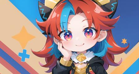 masterpiece, best quality, dynamic angle, den2, 1girl, solo, chibi, full body, multicolored hair, smile, hand on own face, afternoon tea, Let’s eat, delicious sweets, <lora:den2chibi:1>,