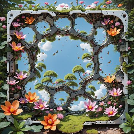 A beautiful landscape with beautiful flowers and Trees, Seaside, colorful. intricate, (((hyper realism))), trending on artstation, sharp focus,((( studio photo))), intricate details, highly detailed, (((8k, Best quality, Masterpiece))),(magazine cover:1.2),Super Detail,Petal,forest,Firefly,Particles,Surreal,OC render,Complex,details,Ray tracing,Depth of field,Beautiful creative picture,,haibao, otclillsn, photograph of a strange and impossible to solve landscape glued to a robotic motherboard tilted 454,78 degree upside down, baffling optical illusion, disorienting angle <lora:- SDXL - otclillsn_impossible_geo_V1.0:1>