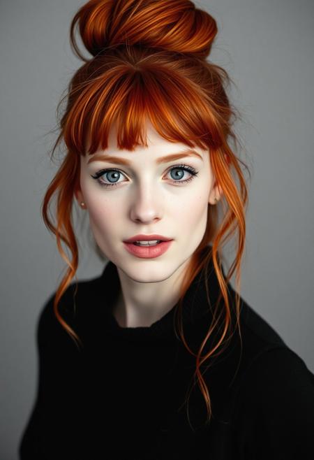 35 mm photo, a close-up professional  black & white portrait shot of 20 year old Christina Hendricks. her vibrant red hair is in color, her hair is up in an enormous single bun, swept bangs, pronounced lips, open mouth, freckles, beautiful face, cute face, confident, light makeup,