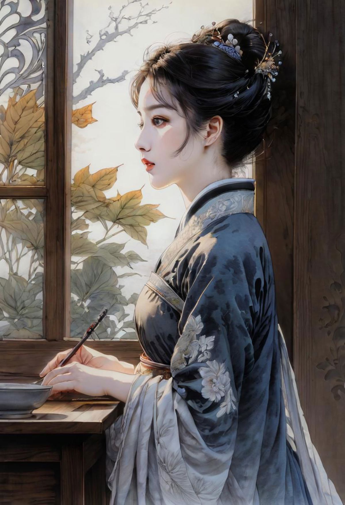 A woman in a kimono looking out the window.