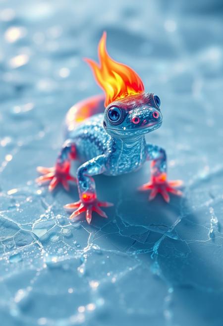 An adorable, hyper-stylistic ice salamander stands on a sheet of cracked ice, its body a mesmerizing fusion of frosty blue ice and vibrant, flaming color. The salamander's body is rendered in exquisite detail, with delicate, crystalline structures that seem to shimmer and glow in the light. The tip of its tail, a vibrant, blazing flame that seems to pulse with an inner fire, adds a touch of dramatic contrast to the scene. The cracked ice beneath the salamander's feet glows with a soft, ethereal blue light, as if the very essence of the frozen landscape has been distilled into this tiny, shimmering pool. Every detail of the scene is meticulously rendered, from the delicate, frosty patterns on the salamander's body to the tiny, glowing cracks in the ice. The overall effect is one of breathtaking, wintry wonder, as if this tiny, adorable creature has brought a spark of life to the frozen landscape. highest-Quality, intricate details, visually stunning, Masterpiece