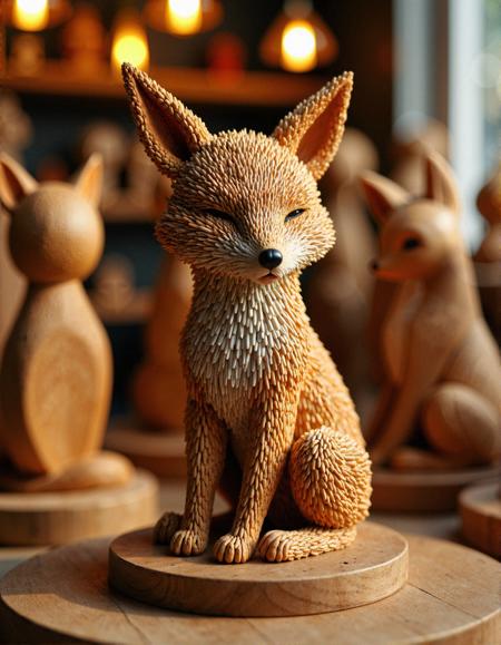 aidmaHyperrealism, 
A meticulously handcrafted fox sculpture made entirely of thousands of carefully arranged matchsticks, each piece intricately placed to create a seamless flow of texture, forming an adorable round-bodied fox with closed eyes and a peaceful expression. The surface of the sculpture features varied densities of matchsticks, some tightly packed to form a soft, fur-like effect, while others are arranged in linear and radial patterns, highlighting the fox’s delicate ears, whiskers, and rounded paws. The fox sits on a polished wooden pedestal, surrounded by other artisan matchstick creations, illuminated by warm, ambient lighting in a cozy art gallery. The subtle glow enhances the natural wooden tones, casting soft shadows that emphasize the incredible craftsmanship. The background is slightly blurred, showcasing additional wooden sculptures in different shapes and forms, adding depth and a sense of artistic wonder to the scene.
 <lora:aidmaHyperrealism-FLUX-v0.3:0.5> <lora:FluxDFaeTasticDetails:0.3>