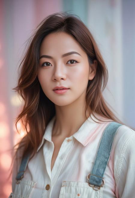 Beautiful woman, high detail, portrait, elegant, delicate features, emotional expression, masterpiece, 8k resolution, Extremely high-resolution details, realism pushed to extreme, fine texture, incredibly lifelike, looking at viewer, solo focus, realistic, photorealistic, cinematic lighting, sun light, ultra realistic photograph, pastel background with pastel bokeh, Exquisite details and textures, grainy, film analog photography, film, face details, real face,, happy college student with white overalls and nothing else, large natural breasts, painting a wall white, 1girl,