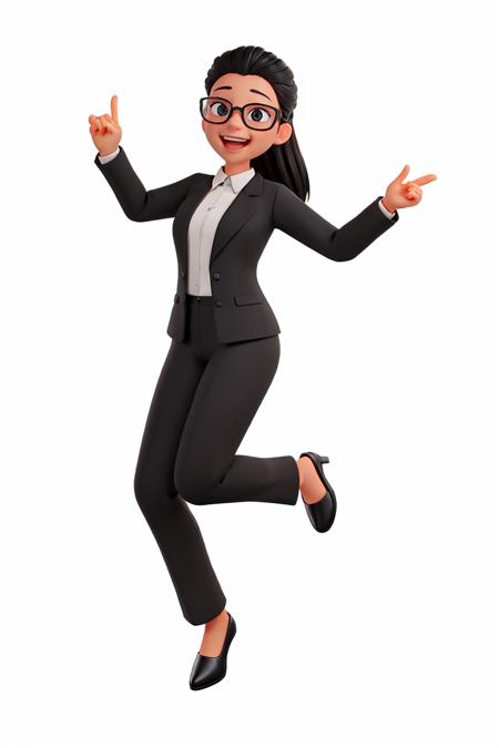 3DHuman\(style\),(Best quality, masterpiece:1.2),3D Rendering, Solo,White Background, texture,
wheat-colored skin, black hair, smiling, black ladies shoes, black glasses,ponytail, girl standing wearing black suit and suit pants,
looking at the camera,character model,open mouth,smiling,1 girl, FULL SHOT (FS),Full Body, 3D,<lora:3DHuman-000012:0.6>