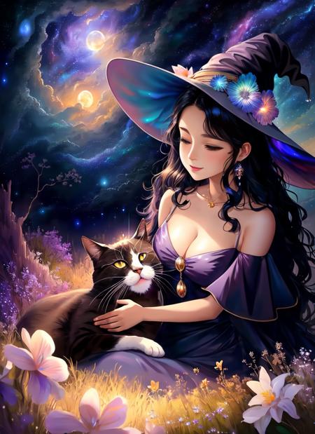 Style-NebMagic,  an award winning masterpiece character concept art of solo, a cute witch cuddles a cat close to her and looks up at the viewer,  magical mystical witch hat that transforms into Style-NebMagic, black hair, multicolored iridescent dress, enchanting, short dress, cleavage, full body, close up, (((looking at viewer))), laughter, glee,freedom, full moon, dynamic lighting, beautiful lighting, ((from above)),   <lora:torinoAquaStyleLora_v1:0.25>