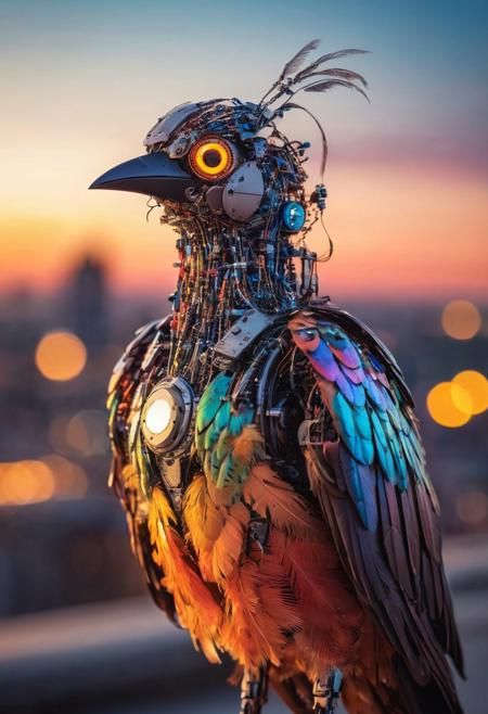 macro photography a beautiful colorful vibrant semi- cyber robotic bird, with detailed glowing feathers, vfx,bokeh,city lights,, sunset in behind, sunset hues.