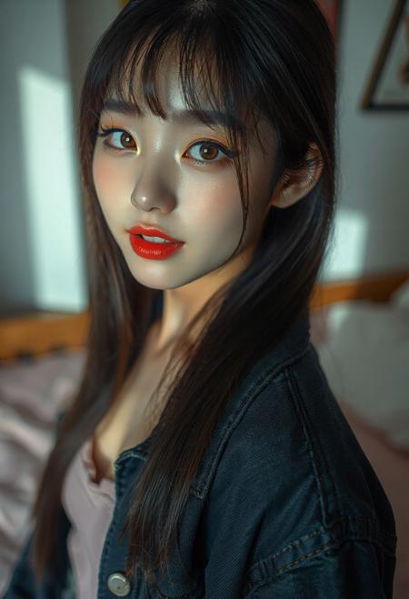 DSLR-style, slender, elegant 26-year-old Korean model, translucent pale skin with natural texture, soft shadow on cheek, diffused daylight from side, parted lips, masterpiece, ultra high-res  
<lora:NOOB_vp1_detailer_by_volnovik_v1:1>
barely visible pores, subtle skin texture variation, translucent skin tone, full body. 
, (8k resolution, absolute masterpiece, ultra detailed, best quality, masterpiece, colorful, highest detailed), (intricate details), (dynamic angle), Stunning illustration of Luminous Valentine,Heterochromia, red left eye, blue right eye ,vampire, long hair, bangs, egyptian eyeliner, red lips, fangs, erotic, sexy, detailed eyes<lora:add-detail-xl:-1.5>
Casual attire: dark navy blue denim jacket, light mauve/dusty rose cropped top, light wash damaged denim shorts, and black and white sneakers. 
 indoors, bedroom.
full-face blush,light smile,half-closed eyes,open mouth,looking at viewer,<lora:Synesthesia:0.45>
Shot in low light with a Nikon Z7 II and a NIKKOR Z 50mm f/1.8 lens, 
(depth of field:1.3),
<lora:MythAnim3Style:0.9>, 
 asian face, (Korean)(black eyes) (masterpiece:1.4), (