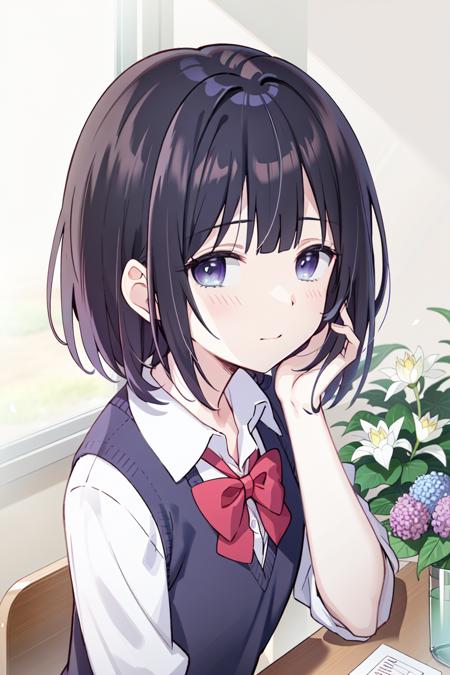 Hanabi Yasuraoka
<lora:Hanabi YasuraokaV1:0.7>
1girl, bangs, black_hair, blurry, blurry_background, blurry_foreground, bow, bowtie, branch, cherry_blossoms, collared_shirt, daisy, dandelion, depth_of_field, eyebrows_visible_through_hair, falling_petals, floral_background, flower, flower_\(symbol\), hanami, hand_on_own_cheek, hand_on_own_face, head_rest, holding_flower, hydrangea, lily_\(flower\), looking_at_viewer, lotus, petals, pink_flower, plum_blossoms, purple_eyes, purple_flower, school_uniform, shirt, short_hair, solo, spring_\(season\), vase, white_flower, white_shirt