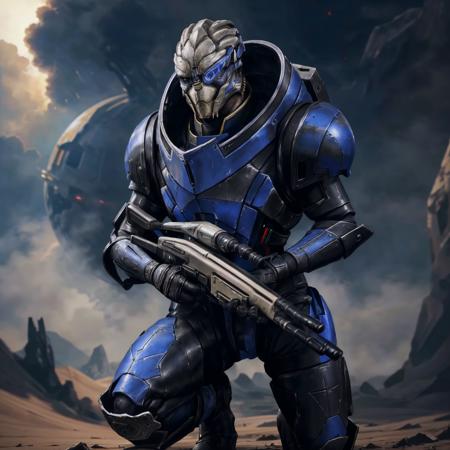 masseffectgarrus crouching and holding a sniper in a planet, realistic armor materials, shiny armor, dramatic lighting, wallpaper, intricate, sharp focus, ray tracing, rtx, professionally color graded, professional photography, masterpiece, ultra detailed, high quality, best quality, 4k, 8k, raw <lora:masseffectgarrus:0.54> <lora:add_detail:0.25>