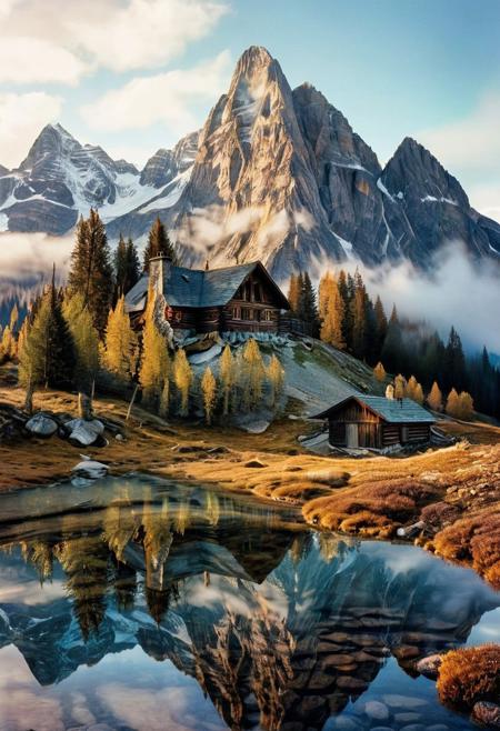 their peaks veiled in mist. mixed media, surrealism, great lighting, A surreal landscape highly detailed . extremely high-resolution details,  appears trapped in an optical illusion of reflections and refractions colorful , mountain cabin, professional photography, natural lighting, volumetric lighting maximalist. intricately detailed, complex, elegant, expansive, fantastical, film photography style,  medium grain