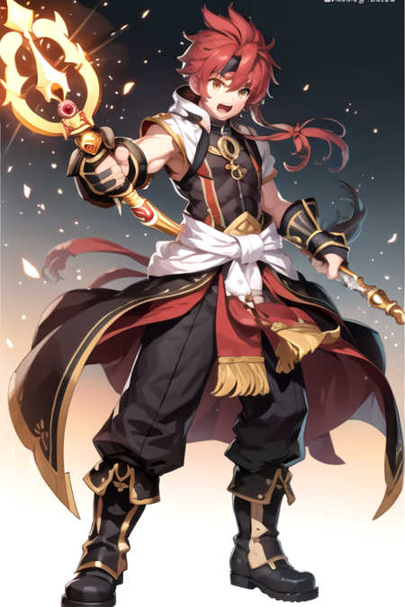 <lora:JinKaien-10:0.745> , jingc, solo, open mouth, 1boy, brown eyes, full body, yellow eyes, weapon, male focus, red hair, boots, shoes, pants, headband, spiked hair, staff,  fighting stance