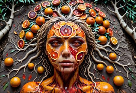 lazypos,
masterpiece, high quality, high-res, 
blood orange style,
a painting of a woman face made up of blood oranges, her hair are tree roots that cover the canvas with blood orange  leaves, psytrance artwork, colorful autumn trees, depicted as a 3 d render, flower storm portrait, colour print, fractal human silhouette, rooted lineage, serene emotions, connectedness, character creation
(extra detailed:1.1), realistic