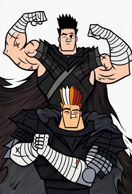 <lora:Johnny_Bravo:0.8> br4v0, flexing muscles, Guts_Armor, brown eyes, short hair, multicolored hair, spiked hair, black armor, shoulder armor, gauntlets, greaves, bandaged arm, black cape, torn cape, scar on nose, one eye closed, muscular male