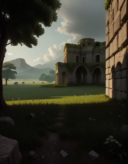 <lora:MW_Roma02betasd:1> Foreground (bottom center-right):
A narrow dirt path winds through patches of scattered flat stones, leading toward the middle of the scene. On either side of the path, wild grass and delicate white and pink flowers bloom among small rocks. A cracked stone cube sits slightly off the path, appearing like a worn pedestal or foundation fragment.
Foreground (far right):
The edge of a massive stone wall made of large, square-cut weathered limestone blocks rises vertically. Some blocks are fractured or missing corners, and tufts of grass grow atop the upper edge. A dark entrance or alcove is partially hidden in shadow, adding an element of mystery.
Midground (center):
The dirt path continues through lush green grass, leading toward a gentle slope that meets a tranquil lake or river. Trees with slender trunks and light green foliage flank both sides of the scene, casting soft shadows and framing the view.
Background (center to left):
Across the water lies a distant line of forested hills, softly illuminated by sunlight. Beyond them, mountains rise in the haze, their silhouettes faint but majestic.
Sky and Atmosphere (top half):
A vivid blue sky stretches overhead, scattered with fluffy white clouds. The sunlight is warm but soft, suggesting late morning or early afternoon, casting gentle highlights and creating a peaceful, natural atmosphere.