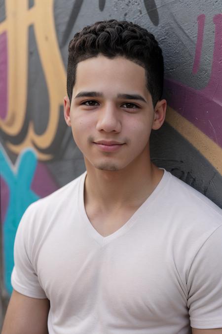 headshot photo of jordan_torres <lora:jordan_torres_young-05:1> wearing a white v-neck shirt outdoors, colorful urban graffiti wall in the background, looking at camera, natural lighting, golden hour, (smirk:0.5)