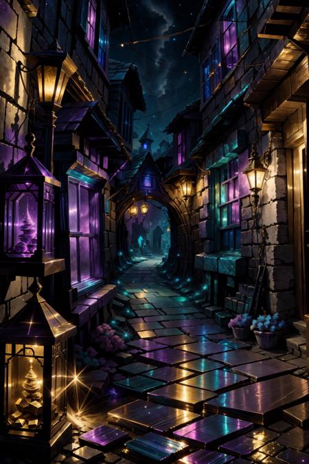 bismuth_texture, an old magical gift shop in a quaint alley at night <lora:bismuth_texture_v2:0.7>, <lora:add_detail:0.25> <lora:realistic:0.25> <lora:waterVFX:0.25>