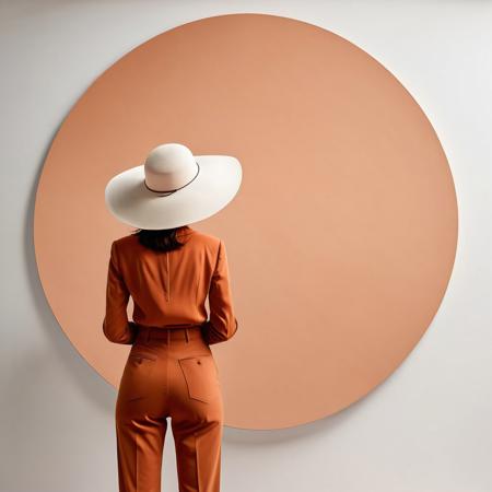 A minimalist, surreal photograph featuring a woman with her back to the camera. She is wearing white high-waisted trousers and a large, round, terracotta-colored hat that covers her head. The background is a large, flat, peach-colored circle against a clean white wall, with the circle perfectly aligned with the hat, creating a visually striking composition. The woman's pose is relaxed and her arms are crossed in front of her, adding a subtle human element to the otherwise abstract and geometric scene. The overall aesthetic is soft, minimalistic, and artistically balanced.