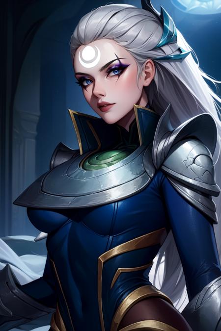 diana \(league of legends\), 1girl, bodysuit, armor, makeup blood moon diana, 1girl, kimono, bead necklace, rope, detached sleeves, bare shoulders, cleavage, white hair