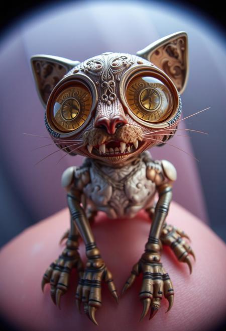 cinematic film still (fisheye lens:1.35), (fisheye lens distortion:1.35), (doorbell camera view:1.35), f1sh3y3d00rb3ll
(electron microscope photography:1.95) of an fantastical, cat-like creature with an intricate body and large, round eyes. ral-rbotth, teeth. The creature's body is composed of various materials, including what appears to be wood, metal, and fabric, which are intricately carved and arranged to resemble the texture of human skin. Its legs are long and slender, ending in sharp claws that give it a menacing appearance.
The creature's eyes are its most striking feature, with large, round pupils surrounded by intricate carvings that resemble the patterns found on human eyelids. The eyes themselves appear to be made of glass or crystal, giving them a smooth, reflective surface. The overall effect is one of eerie realism, as if the creature could come to life at any moment.
(location: on human skin:1.5)
b10t4c34an, iridescent exoskeleton
 . shallow depth of field, vignette, highly detailed, high budget, bokeh, cinemascope, moody, epic, gorgeous, film grain, grainy