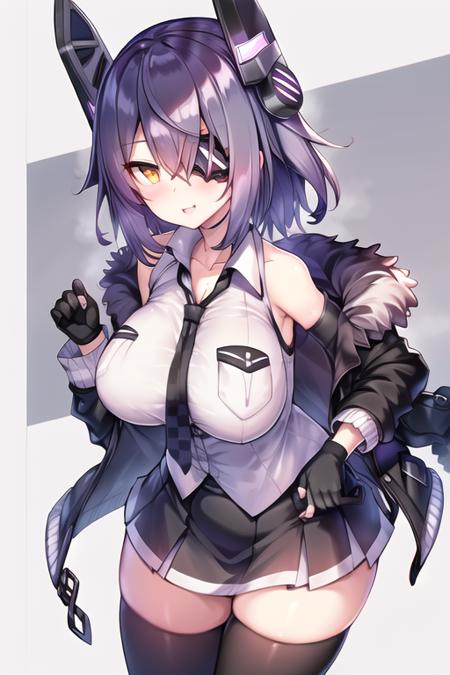 highres, absurdres,best quality, masterpiece, tenryuu \(kancolle\) ,1girl, black gloves, black jacket, black skirt, black thighhighs, breast pocket, checkered necktie, collared shirt,eyepatch, fur-trimmed jacket, fur trim, gloves, headgear, high-waist skirt, jacket, necktie, partially fingerless gloves, pleated skirt, pocket, purple hair, shirt, short hair, skirt, sleeveless, sleeveless shirt, white shirt ,yellow eye, open jacket, standing