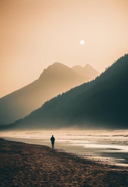 far away mountains covered in mist, a person is standing on the beach looking out at the water,, minimalistic person standing on the beach at sunset, beach surreal photography, standing on a beach, standing beside the ocean, standing at the beach, frank moth, standing near the beach, by Karl Buesgen, redscale photography, on the beach during sunset,  add grain, sepia color image, melancholic moody landscape, shot on FujiFilm xt3