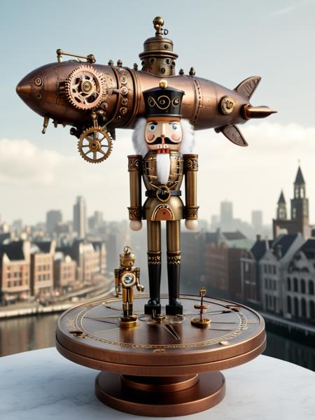 A brass and copper nutcracker, adorned with intricate gears and cogs, holding a map and compass, standing on a floating platform made of interlocking gears in a city built entirely of clockwork mechanisms. Giant, moving gears fill the sky, and steam-powered airships fly between the platforms. The nutcracker is looking out at the cityscape with a sense of wonder. Style: Steampunk, detailed, atmospheric, vintage, sepia tones with pops of brass and copper, intricate