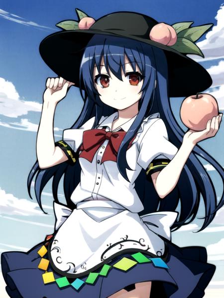 <lora:Hyakka Ryouran Samurai Girls Test:1> (thick outlines, anime coloring, colorful, promotional art, novel illustration), touhou, ((hinanawi tenshi)), black headwear, blue hair, bow, bowtie, white shirt, center frills, food, frilled skirt, frills, fruit, leaf, long hair, looking at viewer, peach, rainbow order. white apron, red bow, red bowtie, red eyes, short sleeves, (long skirt:0.8), solo, standing, light smile, cowboy shot, (hands up), (blue sky), cloud,