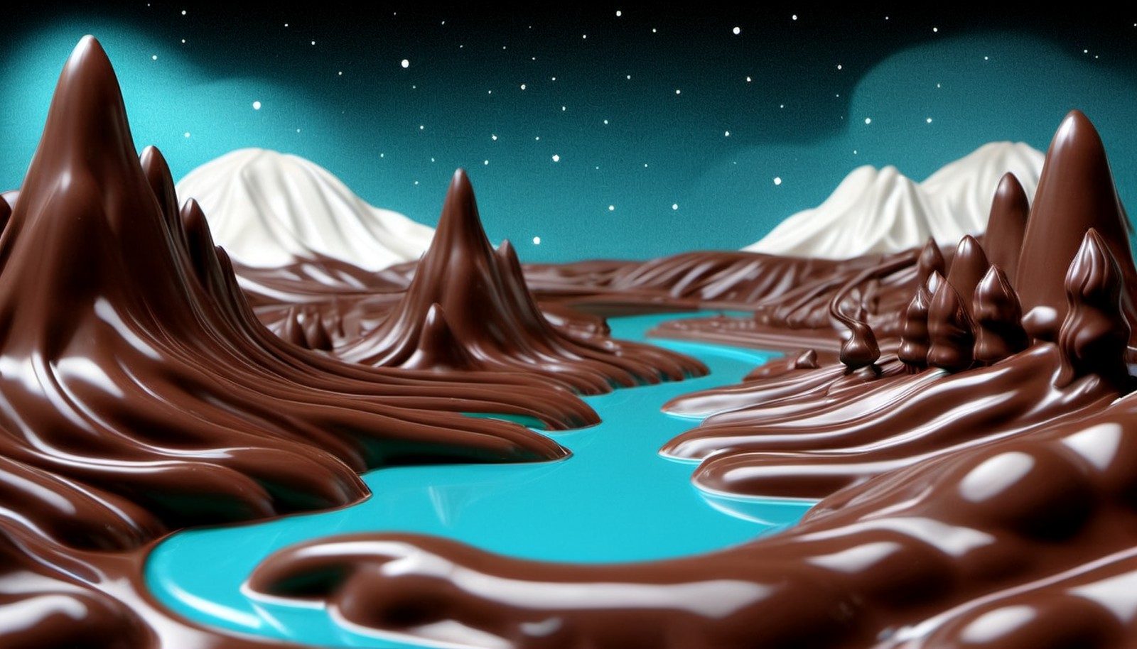 ChocolateRay, landscape of a White and Aqua Blue Rivendell, it is Light, wearing made entirely of chocolate with zalij des...