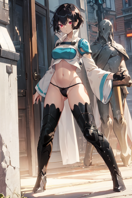 GoSoraHCLW, 1girl, short hair, black hair, red eyes, thighhighs, navel, underwear, panties, boots, detached sleeves, armor, black panties,