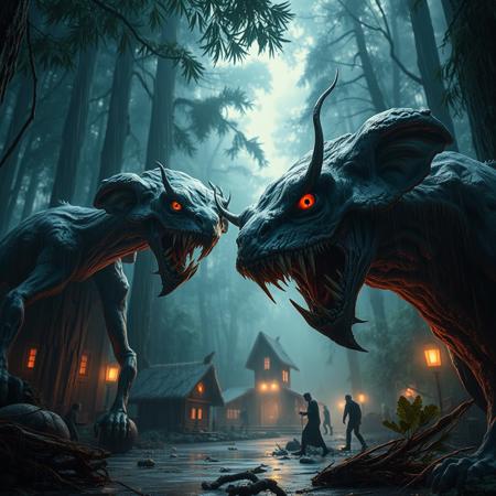 (masterpiece sci-fi dark gritty hyperrealisitic concept art 8k)  fungi animal creature zombie horror attacking a scifi indigenous forest town, menacingly close up,   atmospheric rain, godlike lighting, dappled light forest