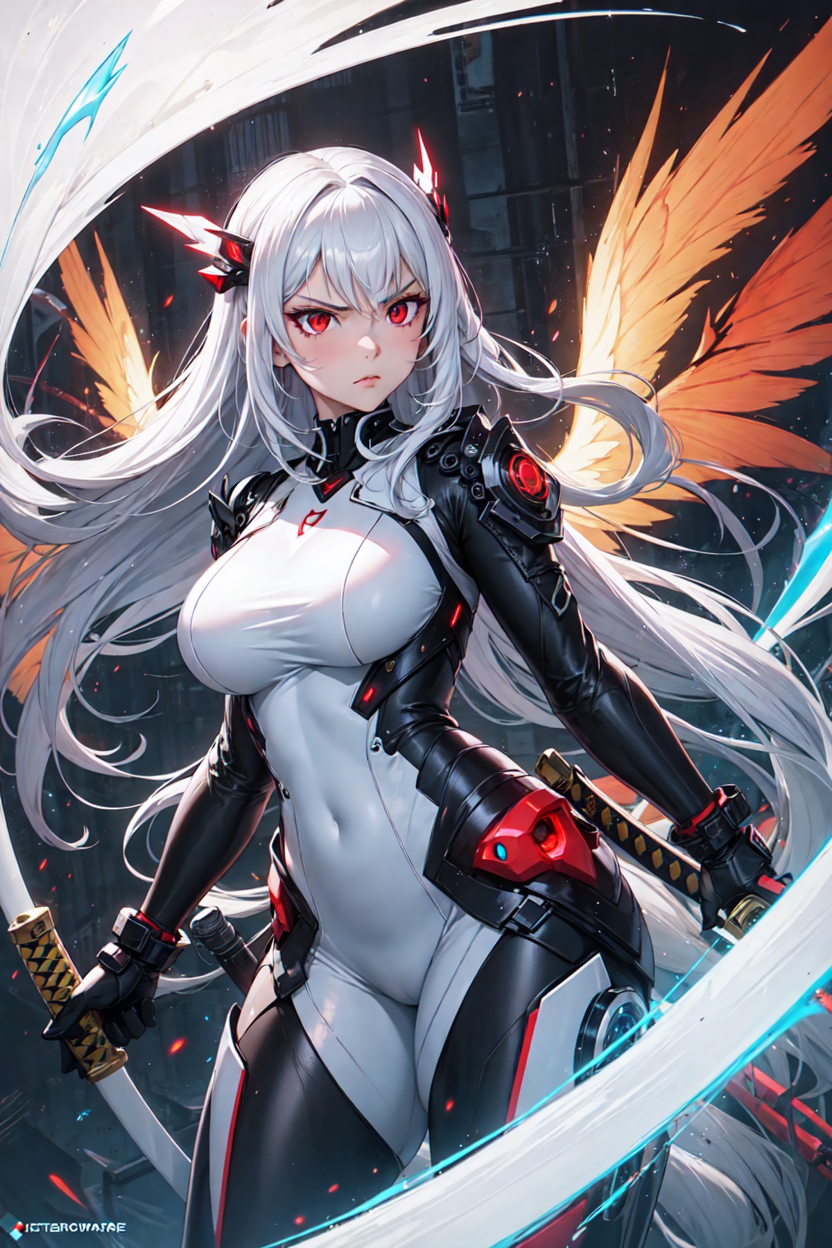 1girl with a very long white hair, red eyes, mechanical eyes, cyberware on face, mechanical wings, white bodysuit, curvy, ...