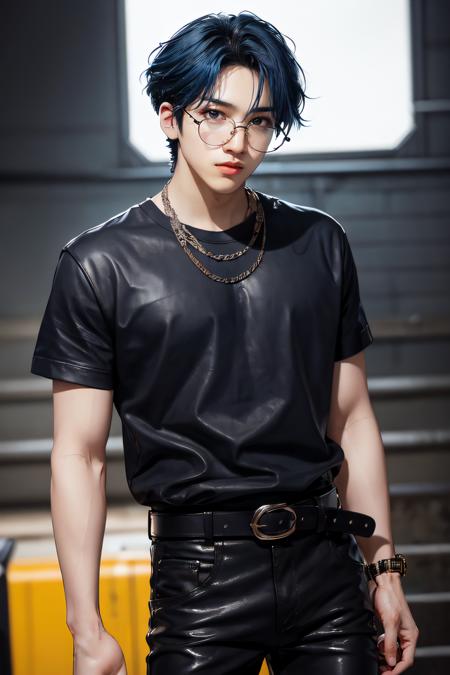 1man, wooseok, solo, short hair, blue hair, short sleeves, black t-shirt, male focus, cowboy shot, glasses, arms behind back, leather pants, leather belt, <lora:JungWooseok:1>, broad shoulders, tall male, tall, Extreme Details, Photo realistic, hyper detail, hyper realistic, Portrait, Long shot, portrait photo, hyper realistic