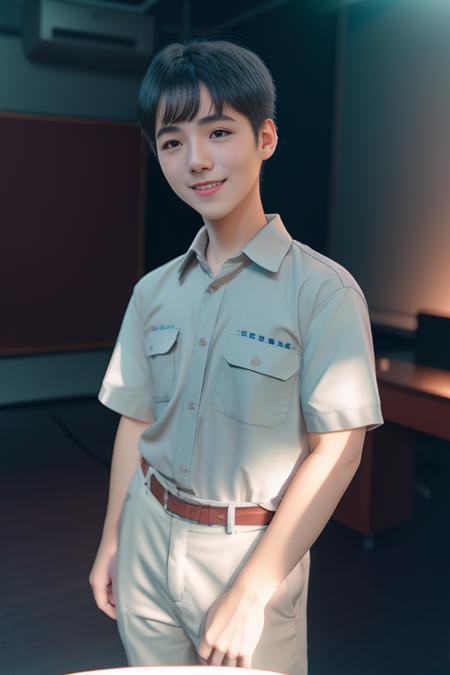 best quality,1boy,shirt, solo, 8k uhd, film grain, (studio lighting:1.2), (Fujifilm XT3), (photorealistic:1.3) , (detailed skin:1.2),beautiful detailed sky,(nose blush),(smile:1.15),(closed mouth),(short hair:1.2), full body,putintheking,student,((gaygaygay))