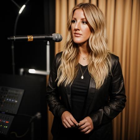 <lora:Ellie_Goulding:0.7> , elliegoulding, full body, detailed face, smirk, brown eyes, black tshirt, tan blazer, jeans, in a recording studio vocal booth, microphone, perfect hands, beautiful, <lora:more_details:0.8>, (masterpiece, high res, photorealistic)
