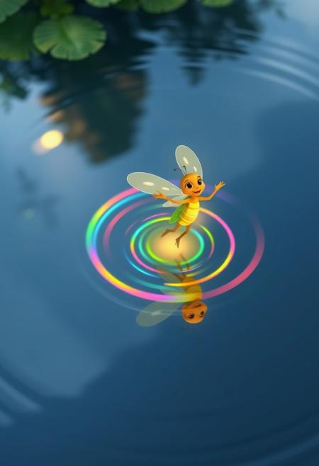 "Create a cute and charming image of a firefly dancing across the surface of a serene pond, causing vibrant rainbow ripples to form in its wake. The firefly should be depicted in a playful and energetic pose, with its wings fluttering and its light shining brightly. The pond's surface should be rendered in a stylized and whimsical way, with each ripple and wavelet adding to the sense of movement and joy. The rainbow ripples should be bright and colorful, with a subtle gradient effect that gives the impression of depth and magic. The image should be rendered in a style reminiscent of Pixar, with a focus on capturing the firefly's adorable personality and the whimsical wonder of the scene. Think 'Toy Story' meets 'Finding Nemo'."