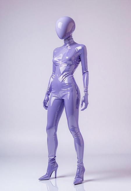 abstract model in latex shiny full body outfit  avant-garde style with lavender  bold Color Scheme