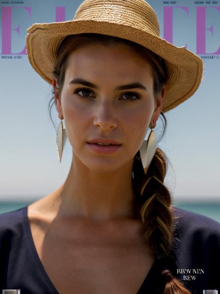 Realistic photo of a beautiful 3ll3m woman,1girl,solo,long hair,brown hair,hat,brown eyes,jewelry,braid,earrings,parted lips,black eyes,lips,single braid,cover,cover page,portrait,realistic,straw hat,magazine cover,soft lighting, professional Photography, Photorealistic, detailed, RAW, analog, sharp focus, 8k, HD, high quality, masterpiece<lora:3ll3m:1.0>