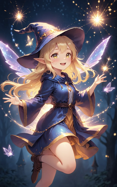 highres,best quality,fullbody,
blonde straight hair sorceress cheerful girl wearing a wizard hat,Little sparkling fairies fly around her, emitting subtle particles of light.
It is a fantastic sight surrounded by light.