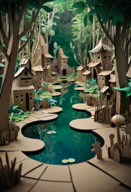 <lora:CardboardRealm-000005:1.0> cardboard realm, cardboardrealm, cardboard, pond in a secluded forest