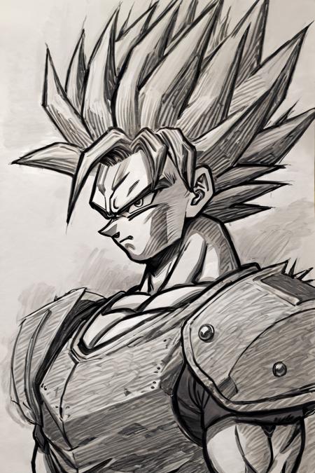 ((masterpiece, best quality)),  (Pencil_Sketch:1.2,  messy lines,  greyscale,  traditional media,  sketch),  unfinished,  hatching (texture),  solo,  scifi armor,  looking at viewer,  simple background,  1boy,  closed mouth,  upper body,  male focus,  energy,  muscular,  frown,  spiked hair,  serious,  dougi,  saiyan,<lora:Anime_Sketch_SDXL:0.800000>