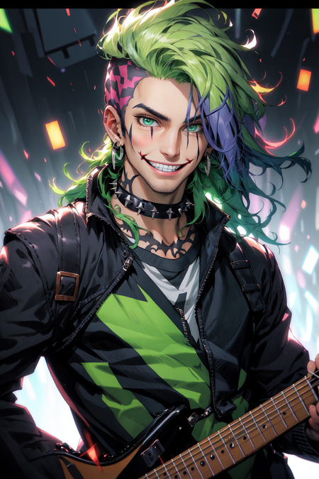 <lora:NijiSlimeV2:0.8> Niji Slime, 1boy, black jacket, checkered clothes, choker, collar, earrings, electric guitar, facial mark, green eyes, green hair, grin, guitar, holding, holding instrument, instrument, jacket, jewelry, letterboxed, long hair, looking at viewer, male focus, open clothes, open jacket, playing instrument, scar, scar across eye, scar on face, shirt, smile, solo, spiked collar, spikes, studded collar, tattoo, teeth, upper body